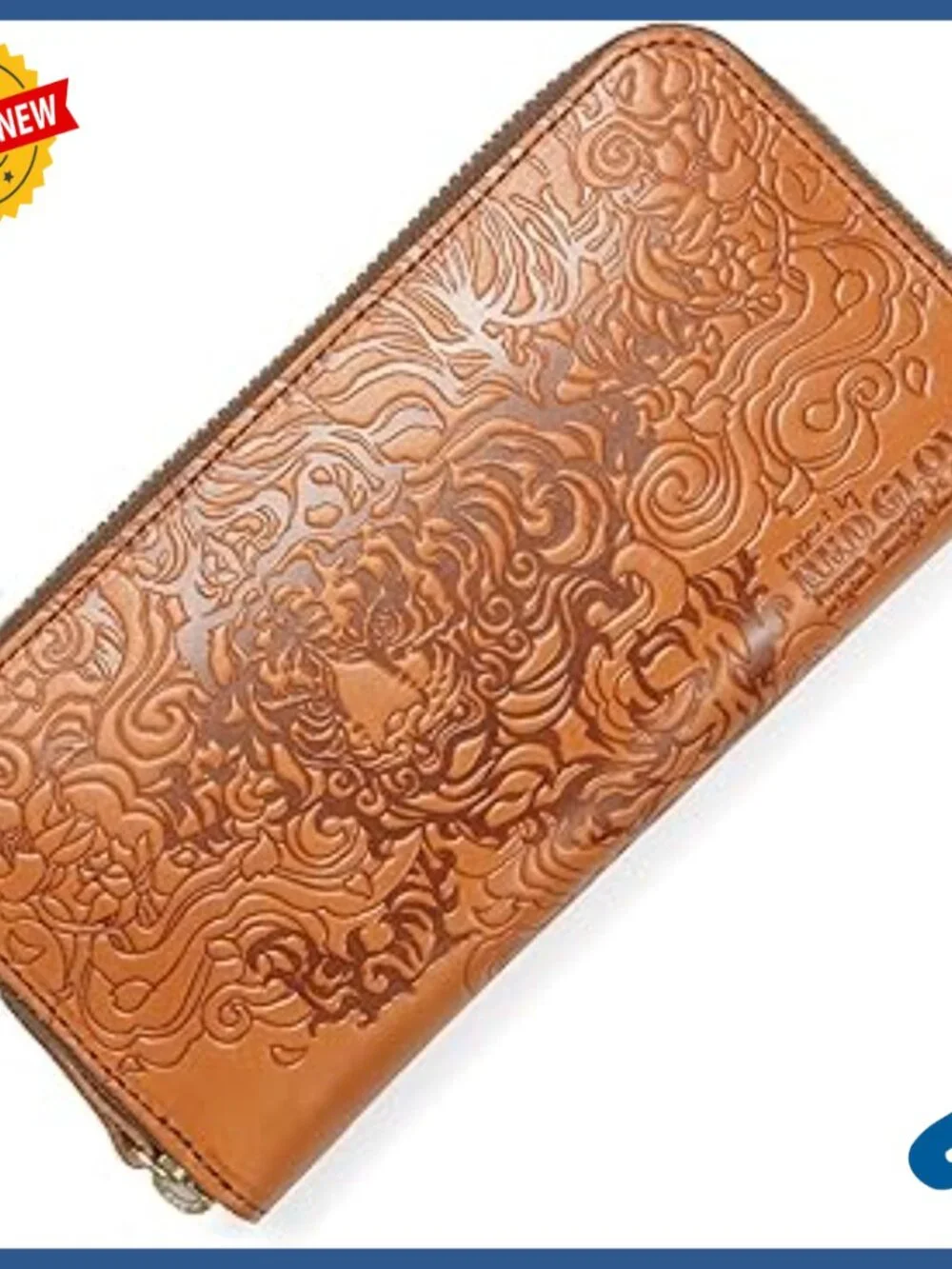 Men's Long Leather Wallet with Tiger Pattern, YKK Zipper, 10 Card Slots